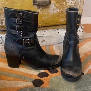 Frye Black Leather Buckle Boots